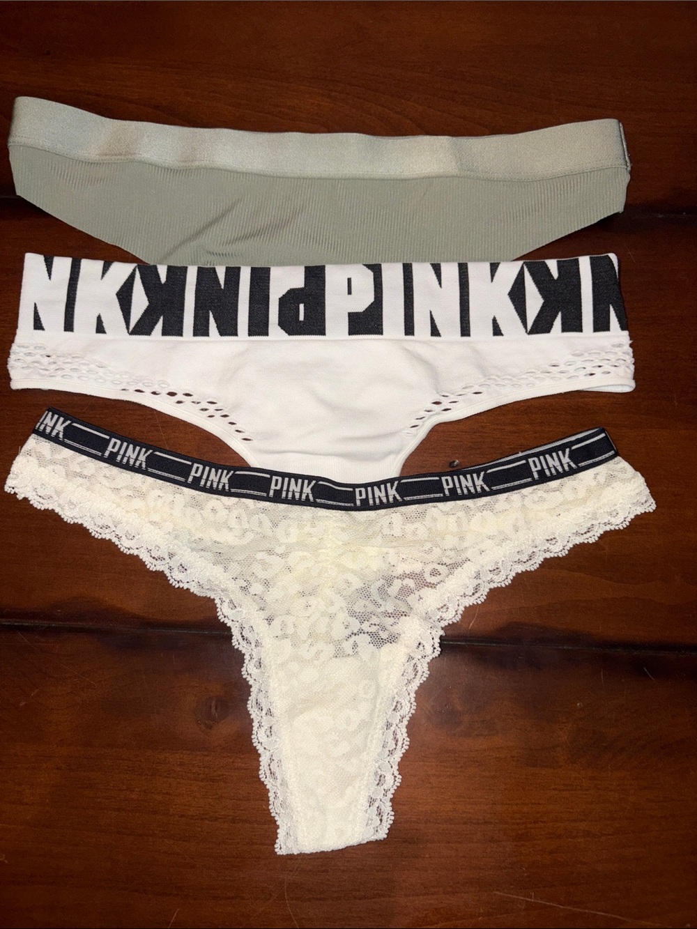 Victoria's Secret PINK Lace & Logo Thong Trio - White, Cream, Sage
